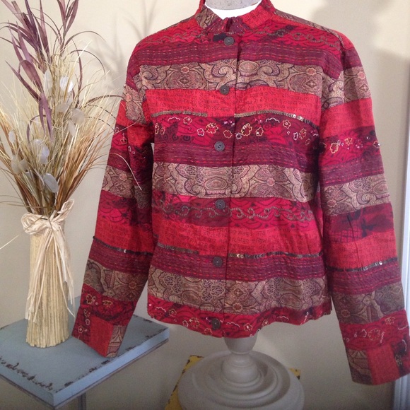 Chicos Jacket Blazer Red & Gold Color Block Mixed Mediums Patchwork Lined Size 1 - Picture 4 of 9